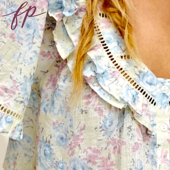 NWT FREE PEOPLE Unreal Love Floral Print Ruffle Collar Short Sleeve Cotton Top - Picture 5 of 10